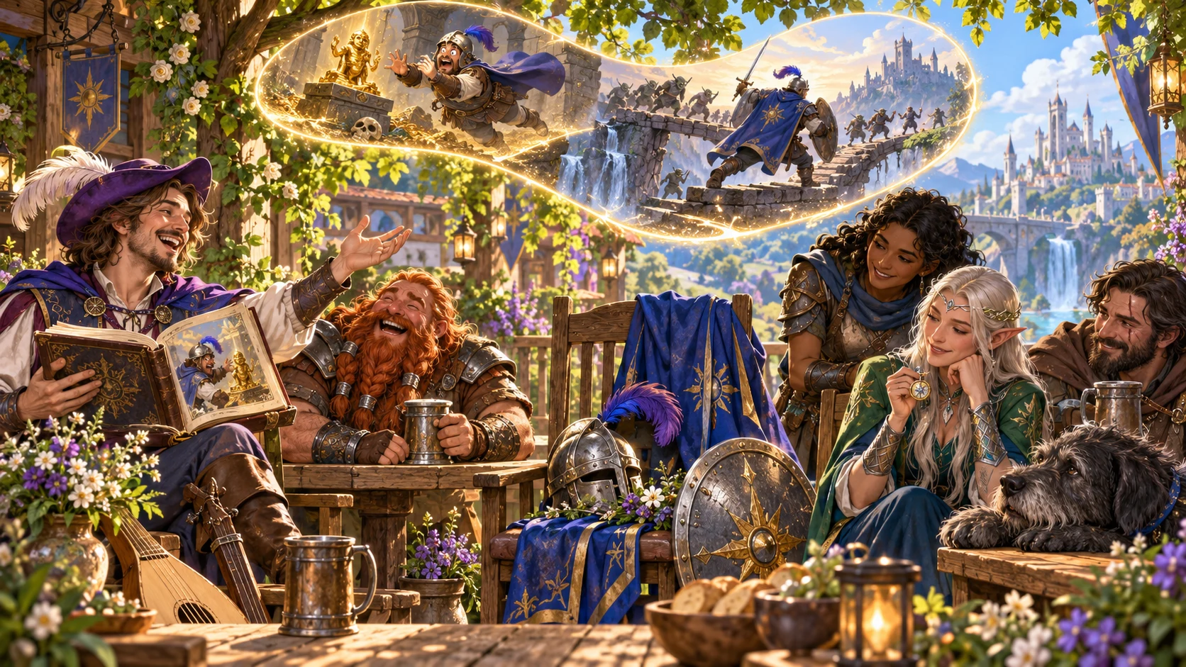 Illustrative fantasy companions recalling foolish and heroic character stories around an empty chair.