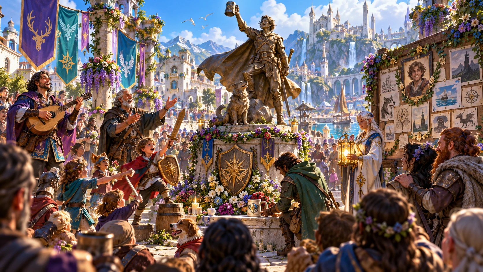 Illustrative fantasy community celebrating a character memorial and remembered story.